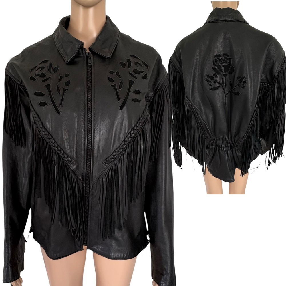 Vintage Black Leather Fringe Rose Cutout Western Biker Jacket 4XL (Runs Small)